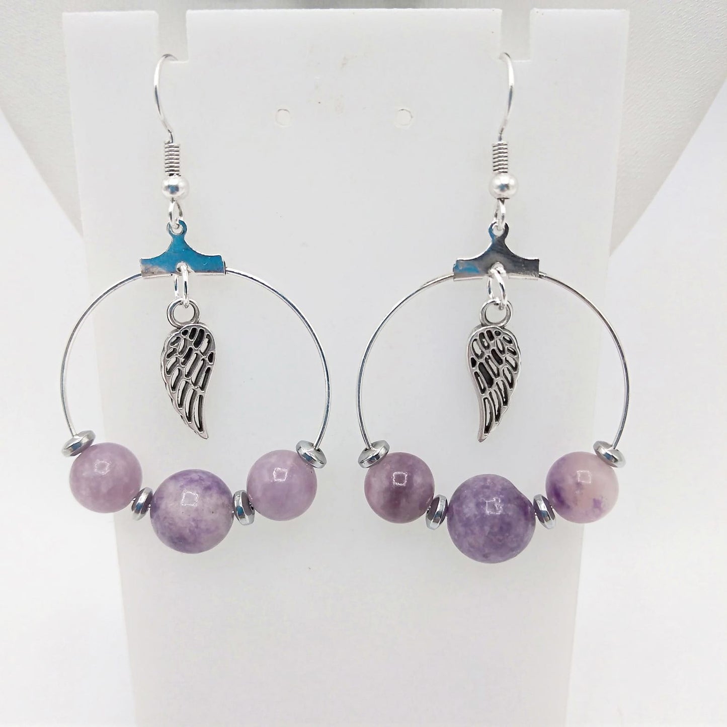 Boucles d'oreilles Créoles - Lépidolite - Ailes