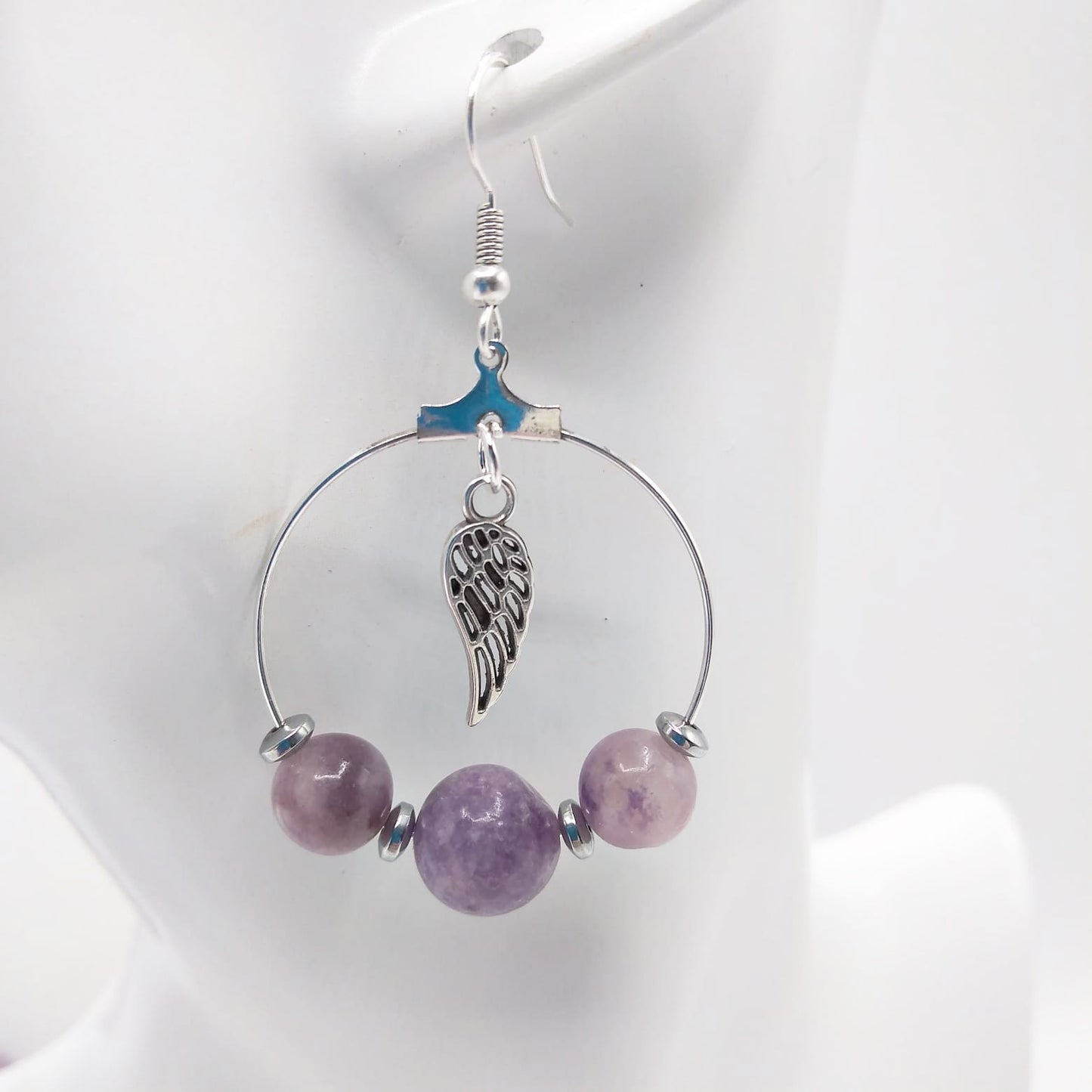 Boucles d'oreilles Créoles - Lépidolite - Ailes