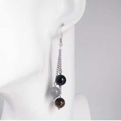 Boucles d’oreilles Triple Protection en Tourmaline, Labradorite et Œil de Tigre. Bijou doré ou argenté pour allier élégance et protection énergétique.