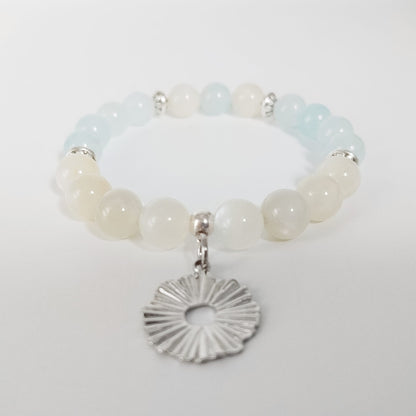 Bracelet en pierre naturelle - Aigue Marine - Pierre de Lune - Rond Ciselé