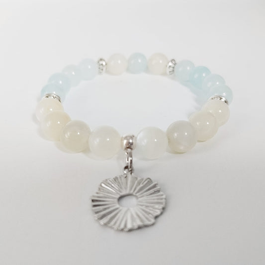 Bracelet en pierre naturelle - Aigue Marine - Pierre de Lune - Rond Ciselé