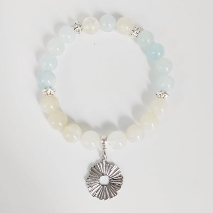 Bracelet en pierre naturelle - Aigue Marine - Pierre de Lune - Rond Ciselé