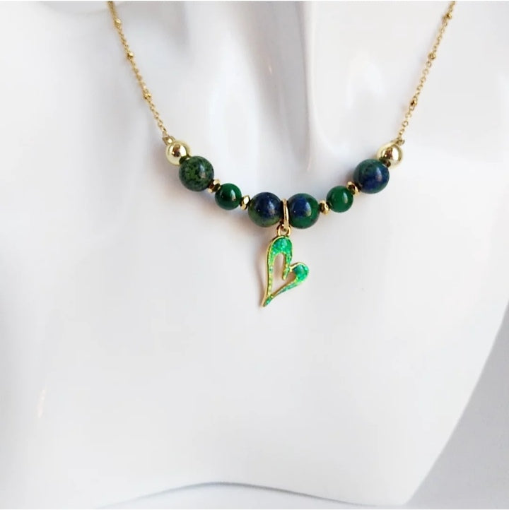 Collier Azurite Malachite & Malachite en pierres naturelles. Protection, apaisement, intuition et beauté. Chaîne 42 cm + pendentif doré 24K.
