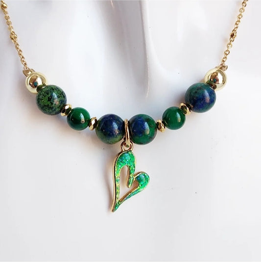 Collier Azurite Malachite & Malachite en pierres naturelles. Protection, apaisement, intuition et beauté. Chaîne 42 cm + pendentif doré 24K.