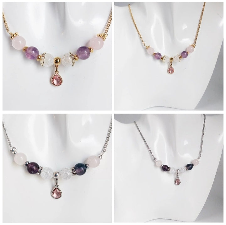 Collier en pierres naturelles Fluorite Pourpre & Quartz Rose. Apaise le cœur, clarifie l’esprit et diffuse amour et sérénité au quotidien.