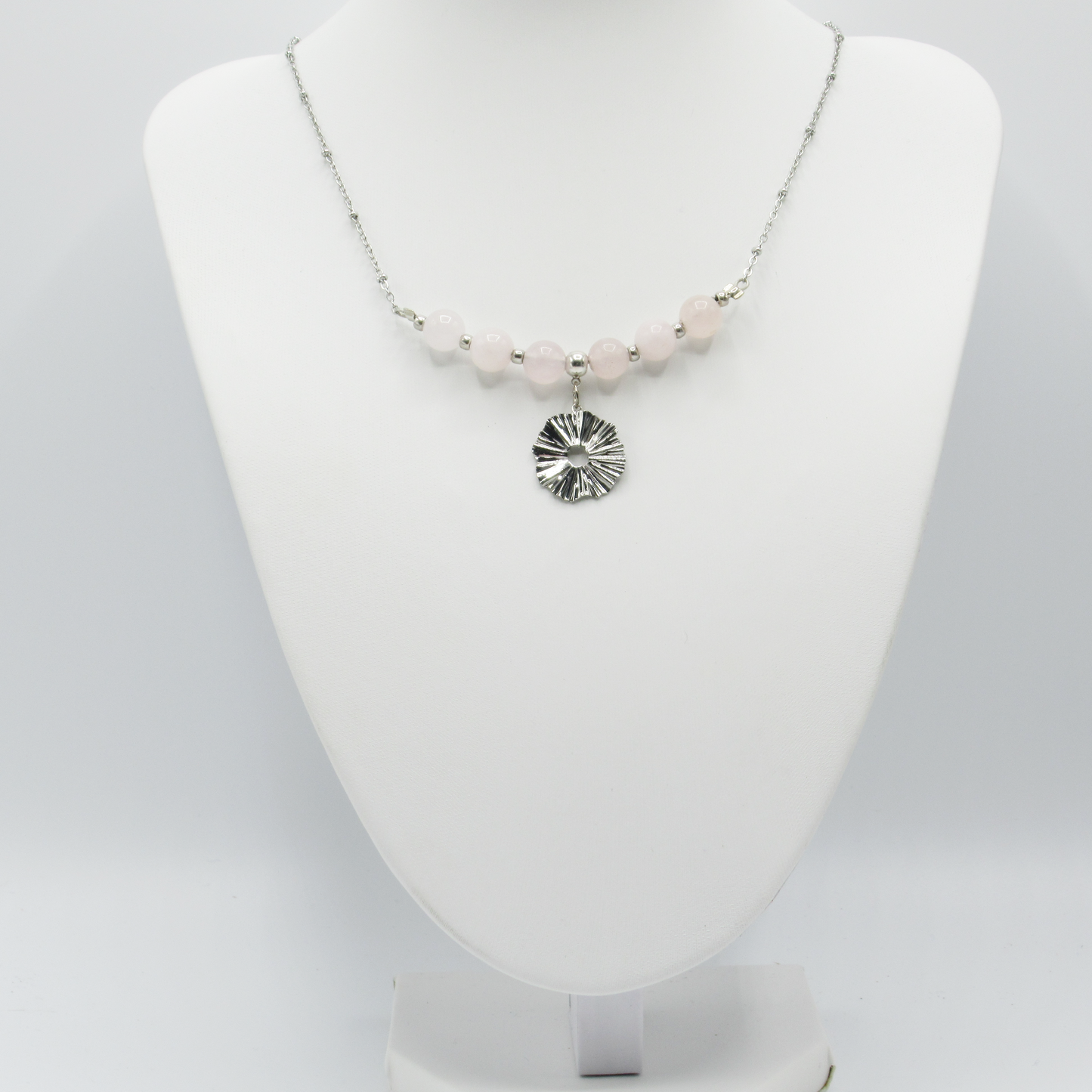 Collier Quartz rose - Rond martelé