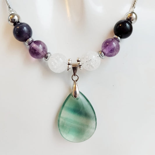 Collier en pierre naturelle  - Fluorite Pourpre et Cristal de roche