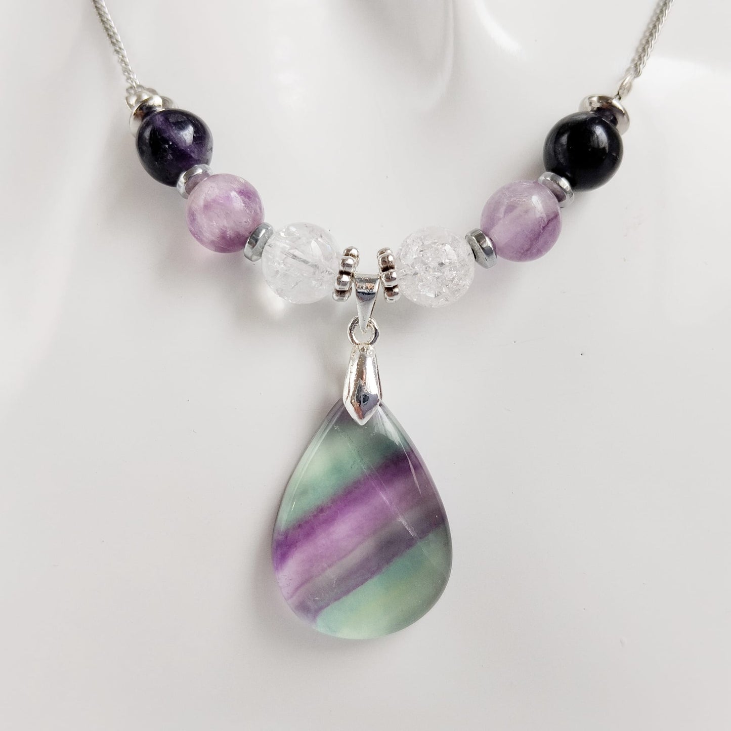 Collier en pierre naturelle  - Fluorite Pourpre et Cristal de roche