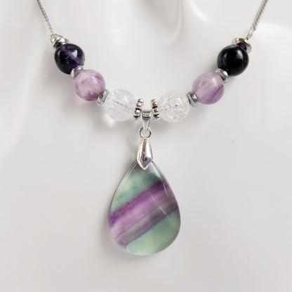 Collier en pierre naturelle  - Fluorite Pourpre et Cristal de roche