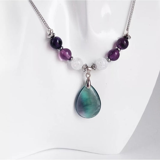 Collier en pierre naturelle  - Fluorite Pourpre et Cristal de roche