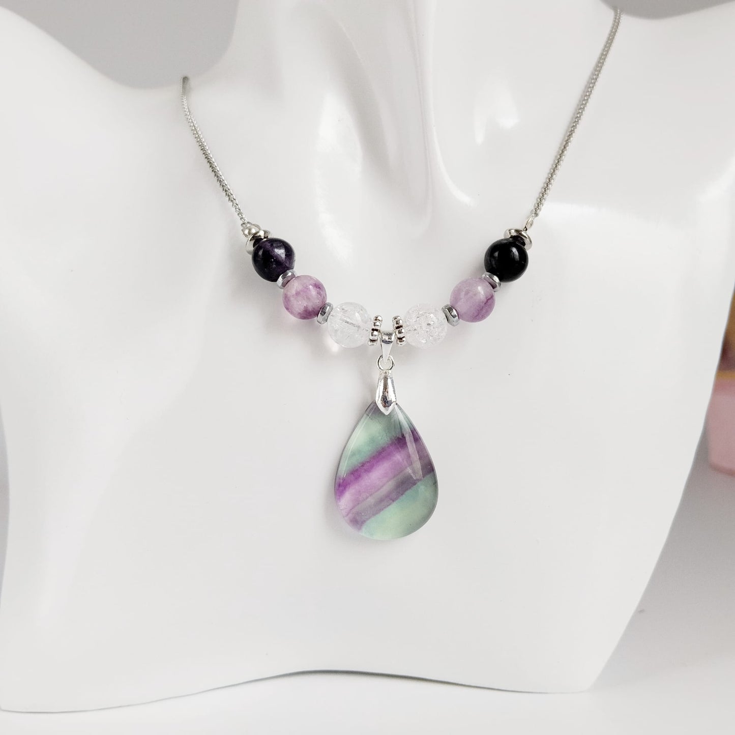 Collier en pierre naturelle  - Fluorite Pourpre et Cristal de roche