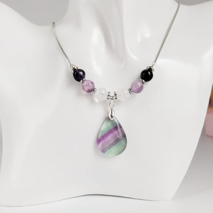Collier en pierre naturelle  - Fluorite Pourpre et Cristal de roche