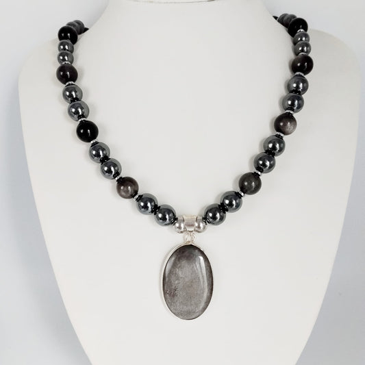 Collier en pierre naturelle - Obsidienne Argentée - Hématite