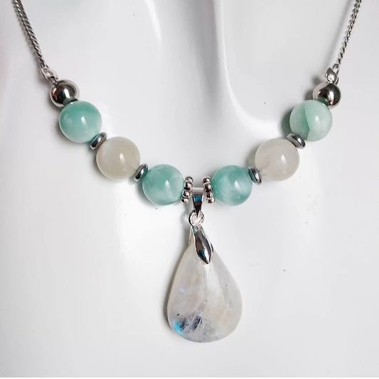 Collier en pierre naturelle - Pierre de lune blanche et Pierre de lune verte (garniérite)