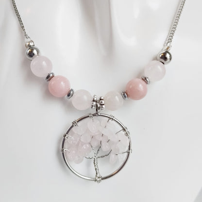 Collier en pierre naturelle - Quartz rose et Opale rose - Arbre de vie
