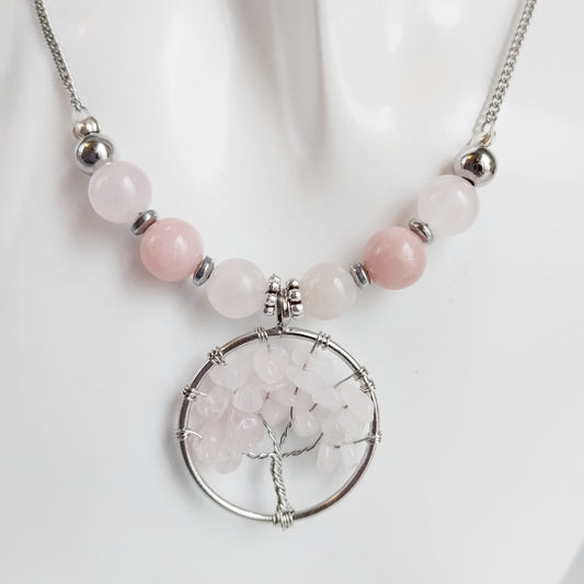 Collier en pierre naturelle - Quartz rose et Opale rose - Arbre de vie