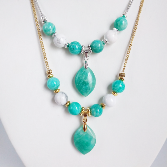 Collier en pierre naturelle- Amazonite AAA et Howlite - Marquise