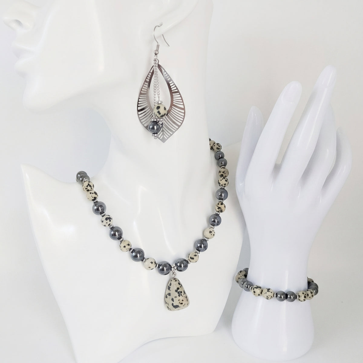 Parure en pierres naturelles - Hématite - Jaspe Dalmatien