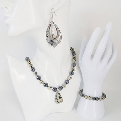 Parure en pierres naturelles - Hématite - Jaspe Dalmatien