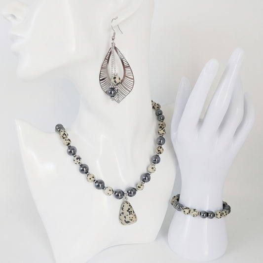 Parure en pierres naturelles - Hématite - Jaspe Dalmatien
