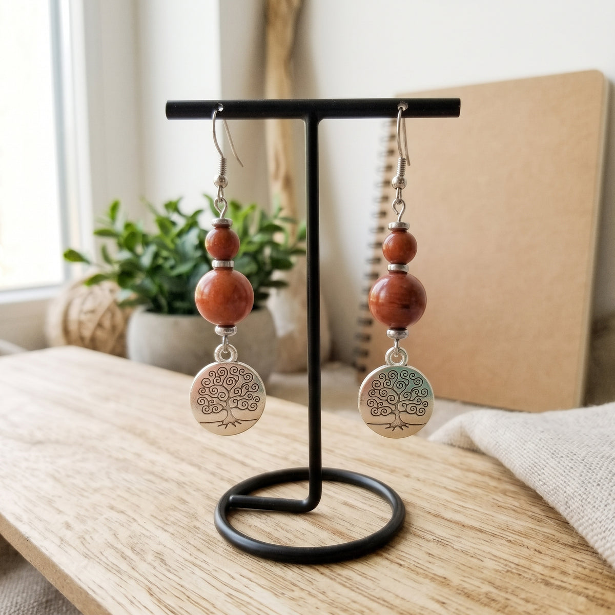 Boucles d'oreilles en pierres naturelles - Jaspe Rouge - Arbre de vie