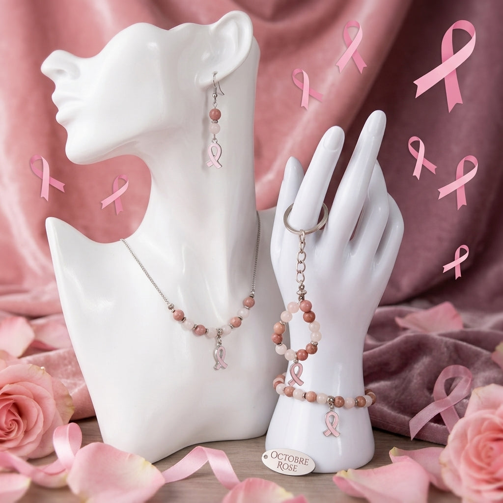 Collection en pierre naturelle - Octobre rose - Bracelet - Collier - Boucles d'oreilles - Porte clefs