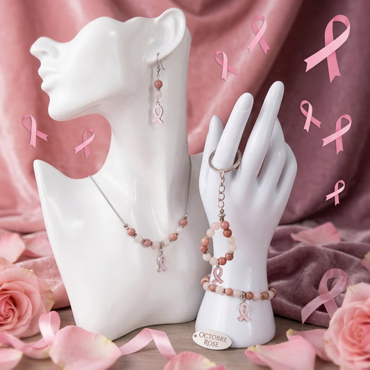 Collection en pierre naturelle - Octobre rose - Bracelet - Collier - Boucles d'oreilles - Porte clefs
