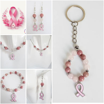 Collection en pierre naturelle - Octobre rose - Bracelet - Collier - Boucles d'oreilles - Porte clefs