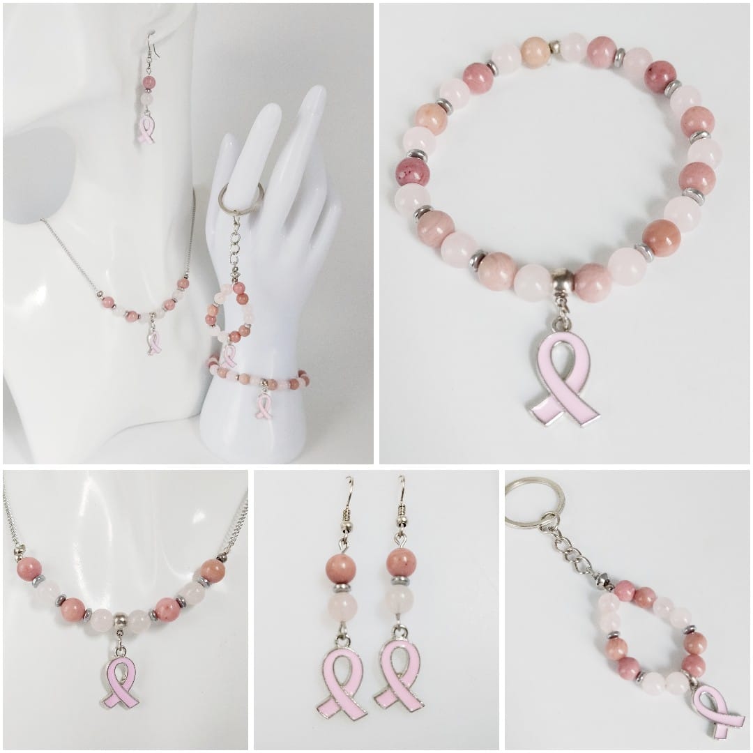 Collection en pierre naturelle - Octobre rose - Bracelet - Collier - Boucles d'oreilles - Porte clefs