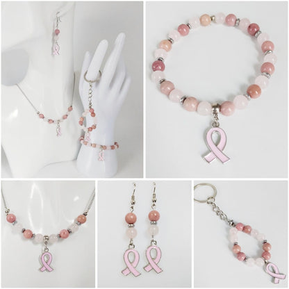 Collection en pierre naturelle - Octobre rose - Bracelet - Collier - Boucles d'oreilles - Porte clefs