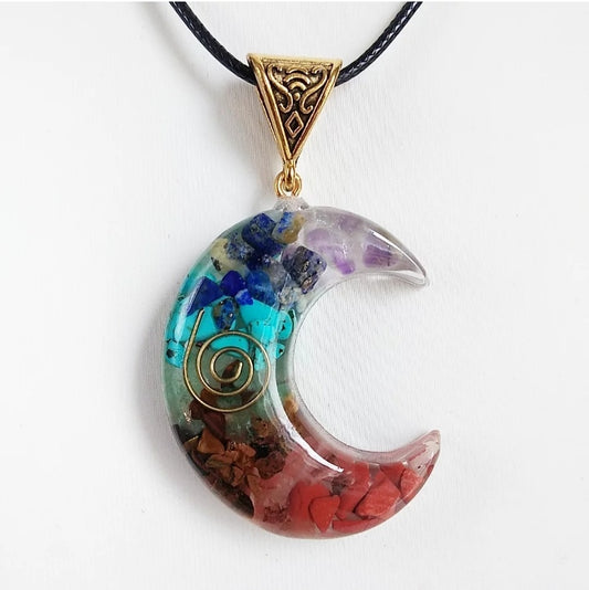 Pendentif Orgonite lune - 7 chakras - 40 mm