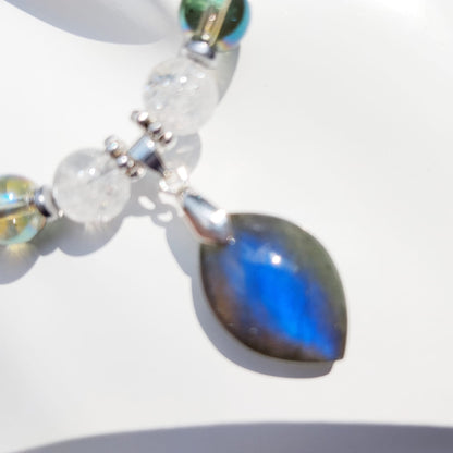 Découvrez le collier Protection & Sérénité en Labradorite AAA, Aqua Aura et Cristal de Roche. Désormais disponible en finitions Doré et Argenté. Équilibrez vos énergies et protégez votre aura avec ce bijou artisanal unique. Livraison rapide.