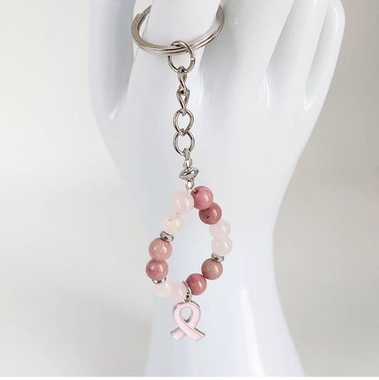 Collection en pierre naturelle - Octobre rose - Bracelet - Collier - Boucles d'oreilles - Porte clefs