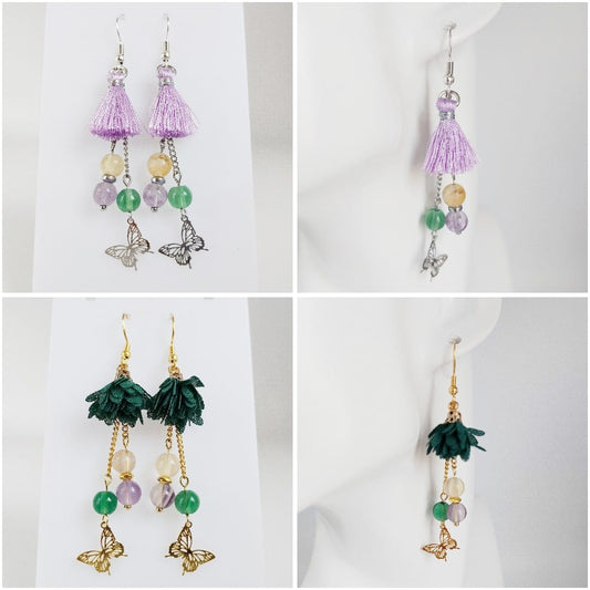 Boucles d’oreilles papillon en Fluorite multicolore AAA. Pierre naturelle de clarté mentale, apaisement et transformation. Bijou symbolique et élégant.