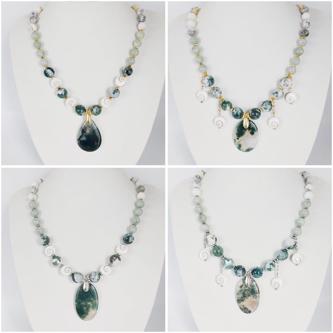 Découvrez mon collier talisman en pierres naturelles. Agate mousse, Jade AA, Merlinite et Œil de Sainte-Lucie pour attirer la chance, la prospérité et la sérénité.