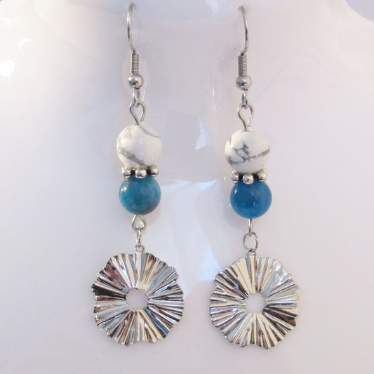 Boucles d'Oreilles - Apatite - Howlite - Rond Ciselé