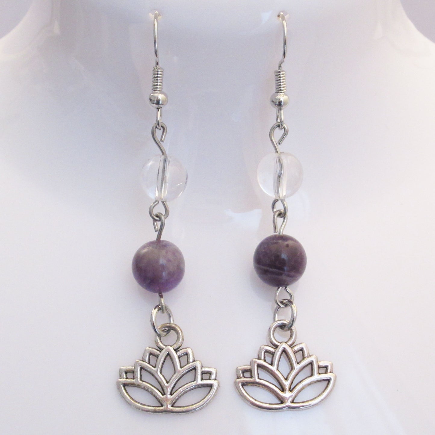 Boucles d'Oreilles - Cristal de Roche - Améthyste - Lotus