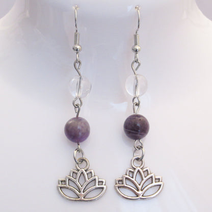 Boucles d'Oreilles - Cristal de Roche - Améthyste - Lotus