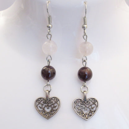 Boucles d'Oreilles - Grenat - Quartz - Coeur